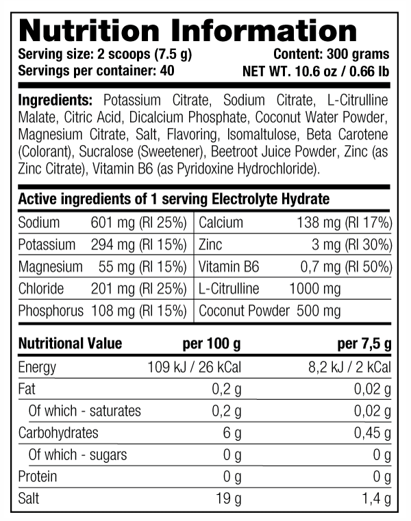 Electrolyte Hydrate - Nutrition Information